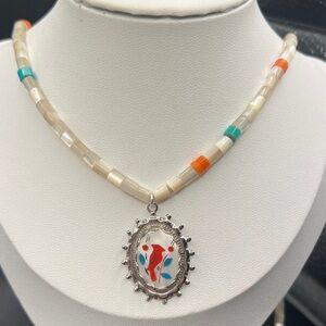 Vintage Red Cardinal Inlayed Pendant Mother of Pearl Necklace